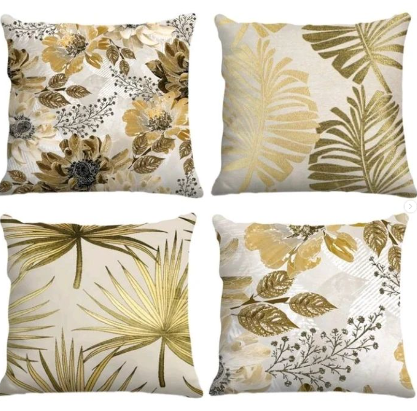 4PCS LUXURY YELLOW FLORAL AND LEAF PRINTED CUSHION COVER SET