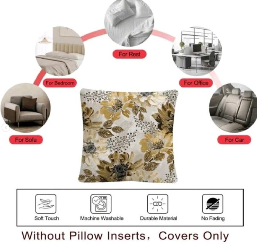 4PCS LUXURY YELLOW FLORAL AND LEAF PRINTED CUSHION COVER SET