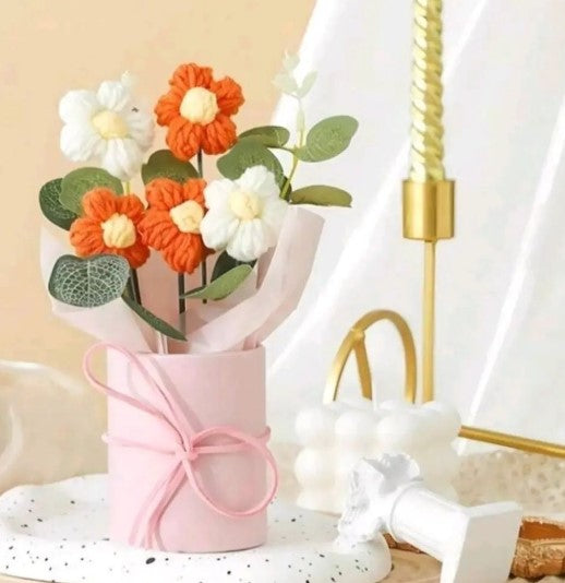 SET OF ORANGE HAND KNITTED WOOL ARTIFICIAL FLOWER BOUQUET