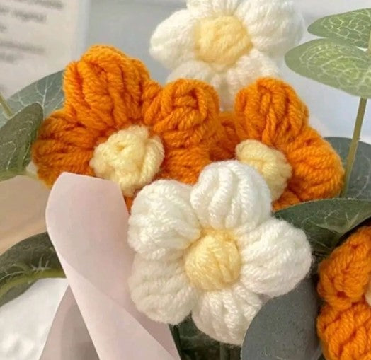 SET OF ORANGE HAND KNITTED WOOL ARTIFICIAL FLOWER BOUQUET