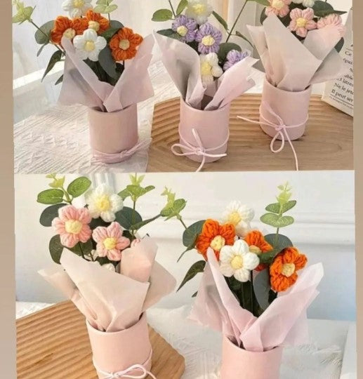 SET OF ORANGE HAND KNITTED WOOL ARTIFICIAL FLOWER BOUQUET