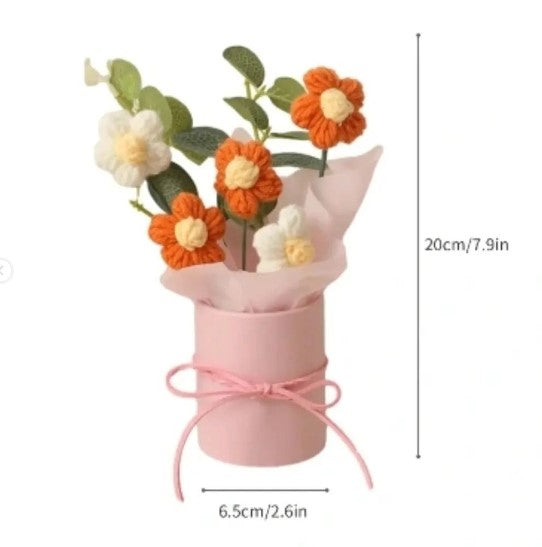 SET OF ORANGE HAND KNITTED WOOL ARTIFICIAL FLOWER BOUQUET